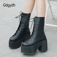 gdgydh high platform shoes woman goth punk motorcycle ankle boots lace up thick bottom leisure top quality womens shoes winter