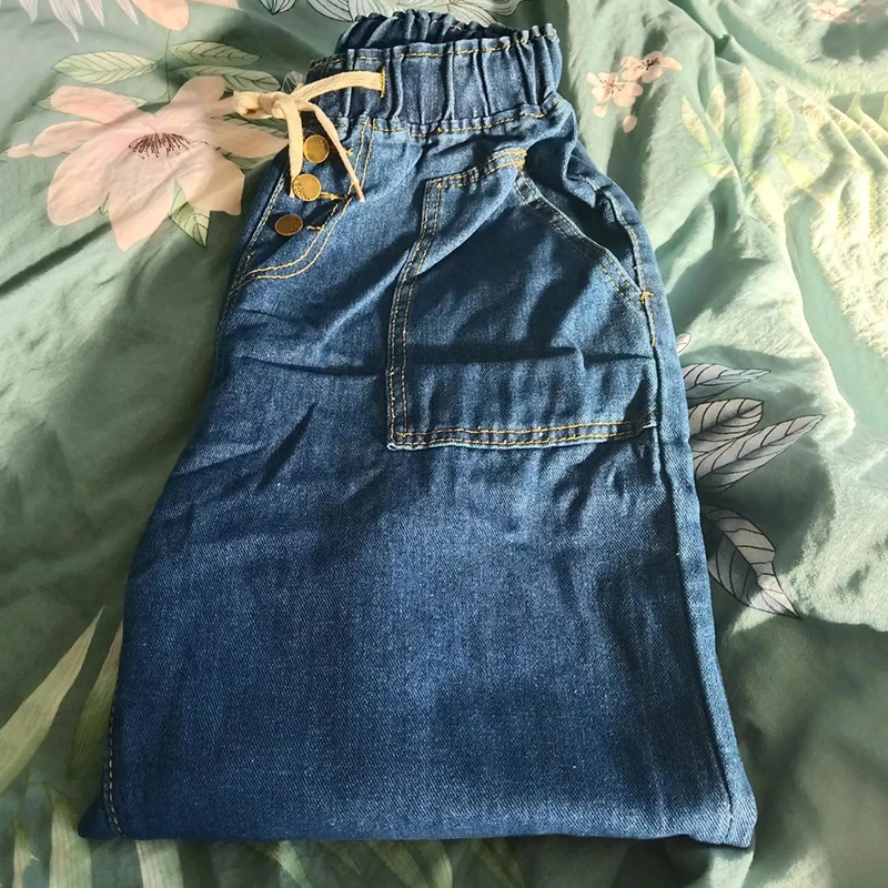 

Women Drawstring Button Harem Jeans Plus Size Denim Boyfriend Pants Korean Casual Straight Pants Elastic High Waist Sweatpants