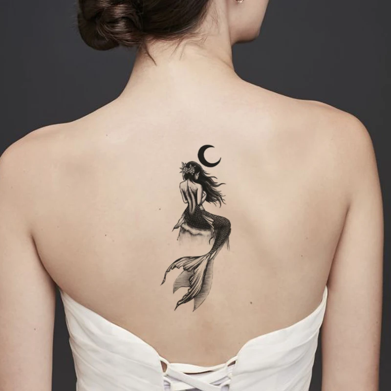 Mermaid Flowers Waterproof Temporary Tattoo Sticker Black Moon Design Fake Tattoos Flash Tatoos Legs Beck Body Art for Women Men | Красота и