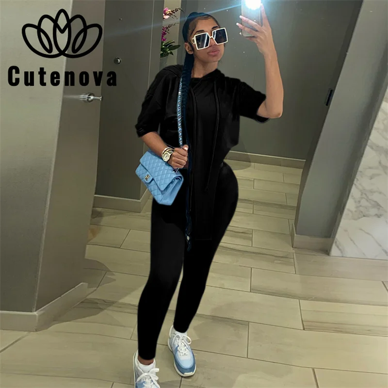 

CuteNova New Women's 2021 Autumn And Winter New Solid Color Hooded Long-Sleeved Slim Trousers Sweater Casual Suit