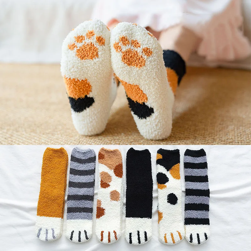 

Warm Women's Socks Cartoon Socks One Ear Embroidery Lucky Cat Claw Coral Fleece Home Sleep Floor Socks Half Fleece Socks