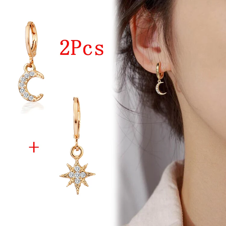 

Серьги-кольца женские винтажные золотистые/серебристые с Луной и звездами, вечерние пара