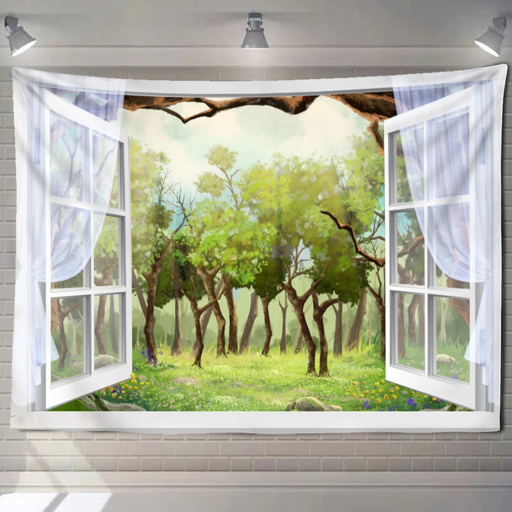 

Outside Window Landscape Wall Tapestry Forest Sunshine Flowers Green Plants Tapestry Home Decor Big Hippie Wall Hanging Blanket