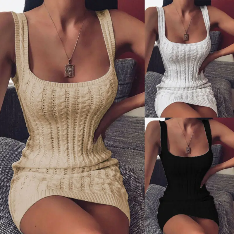 

Women Bodycon Knit Sleeveless Slim Solid Color Elegant Short Mini Dress Evening Party Gown Sundress