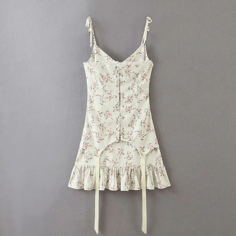 

Summer White Floral Print Lace Spaghetti Straps Dress Women Elegant Retro Boho Beach Flower Sexy Mini Bodycon Casual Dress 2021