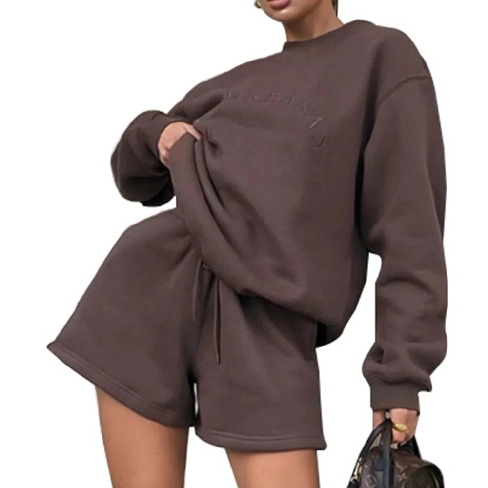 

European American Fashion Letter Embroidery Long-sleeved Sweater Shorts Plus Velvet Two-piece Autumn Winter New 2021 Women's