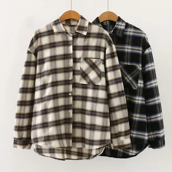 Office Lady Casual Blouse Pocket Women Plaid Lapel Collar Tops Female Long Sleeve Button Shirt 2020 1