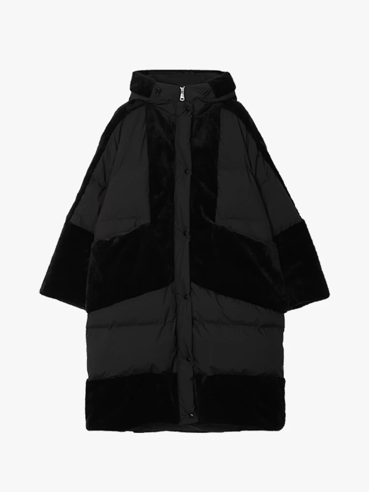 

Women Winter OriginalDesign Puffer Jacket Thick Warm Artificial Fur Patchork Long Red Casual Oversized Hooded Down Coat