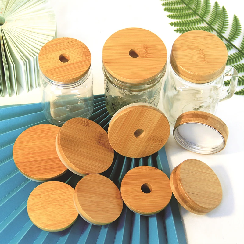 

5 Styles Non-toxic Natural Bamboo Lid Glass Candy Jar Seal Cover Lids Kitchen Cookie Spices Juice Sauces Container Caps