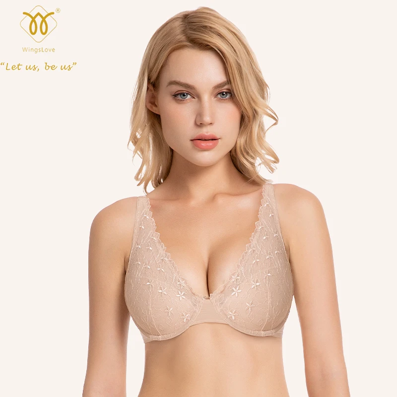 

Wingslove Sexy Women Lace Bra Plunge Padded Lingerie Floral Seamless Top Bralette Size 32-38 B C D DD