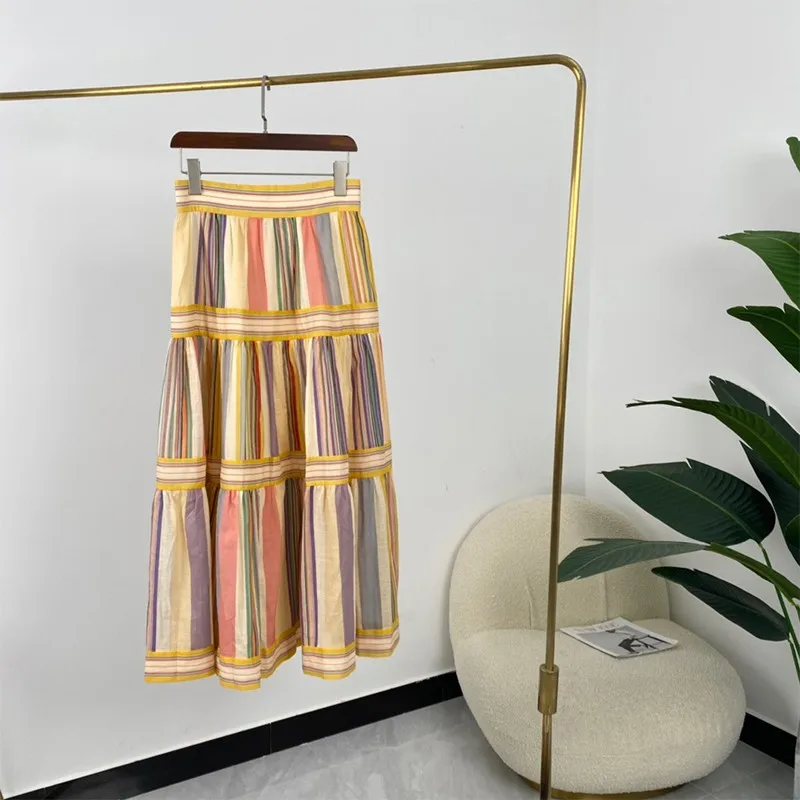 

Skirts Womens 2021 Summer Top Quality Multi Color Stripped High Waist Cotton Korean Fashion Clothing