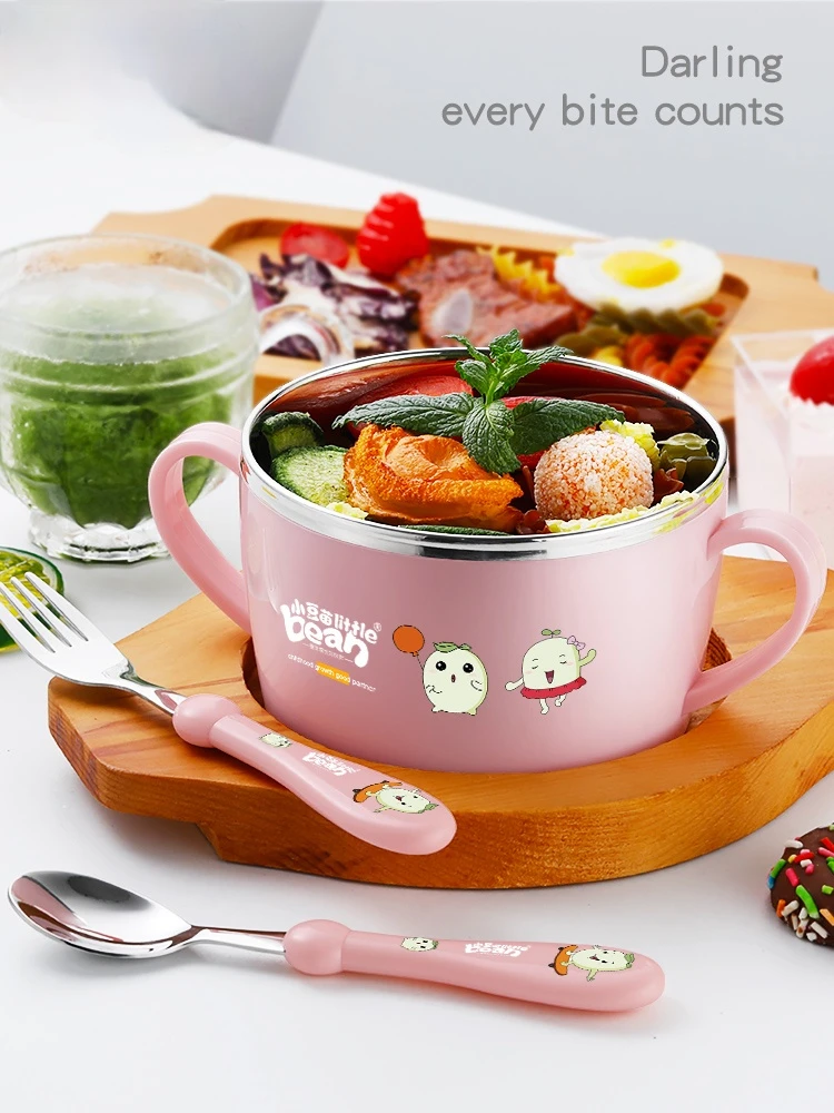 

Children's Bowl Drop-Proof and Hot-Proof Stainless Steel Tableware with Handle Binaural Eating Baby Bowls and Chopsticks
