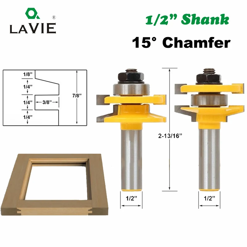 

LAVIE 2pcs 12mm 1/2" Shank Rail & Stile Tenon Router Set Door Bevel Woodworking Tenon Milling Cutter for Wood Tools MC03143