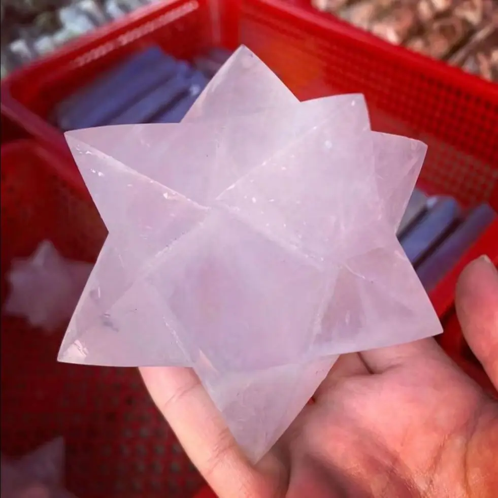 

Natural Quartz Crystal Pink Melkaba Hexagram Carved Stars Pendant Healing Gemstone Home Decor Gift