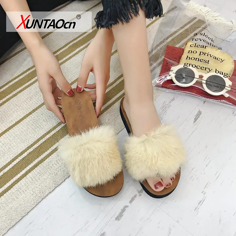 

2021 Women Furry Slippers Ladies Cute Plush Fox Hair Fluffy Sandals Women's Fur Slippers Winter Warm Slippers for Women Hot