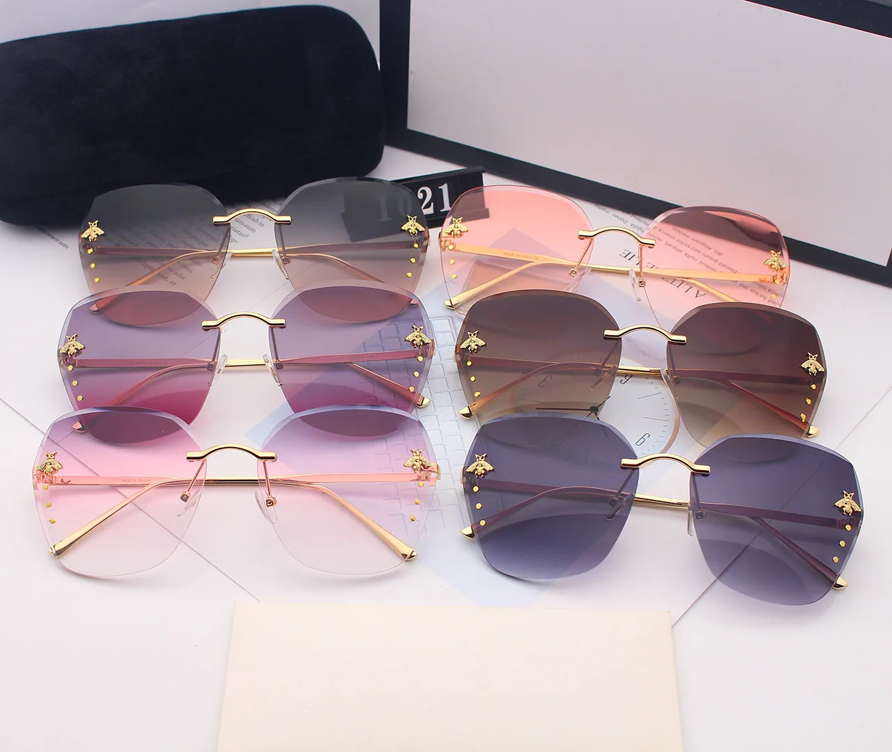

Luxury Designer Original Brand Bee Rimless Gradient Sunglasses Women Driving Trimming Polarized Shades Glasses Vintage Eyewear