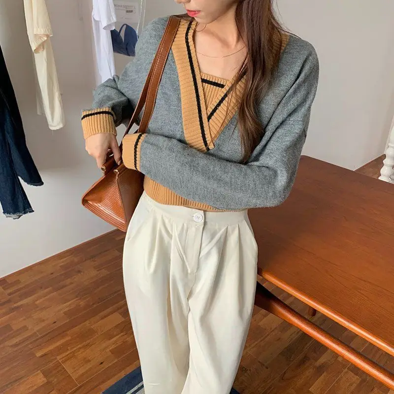 Женский Повседневный свитер с V-образным вырезом вязаный винтажный пуловер в