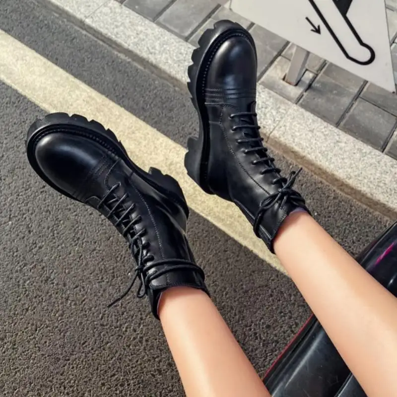 

RIZABINA Short Boots Women Genuine Leather Thick Bottom Ankle Boots Fashion Cool Winter Shoes Woman Footwear Size 33-42