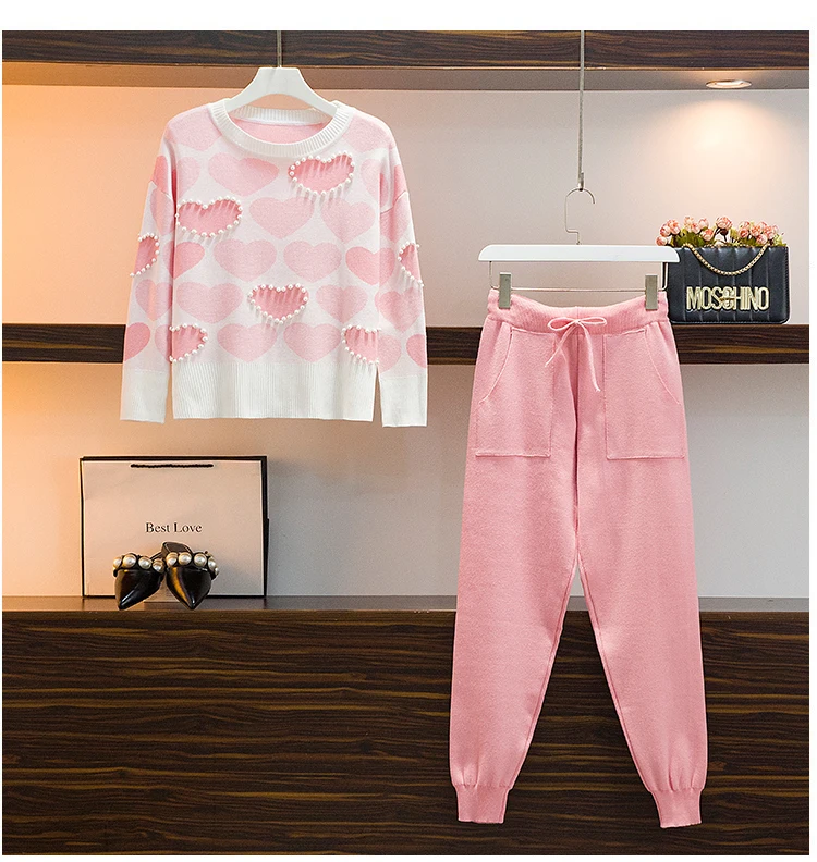 

2020 Spring Autumn Love Pattern Beads Loose Jumpers Sweater Knitted Harem Pants Women Casual Knitted Two Piece Trousers Set
