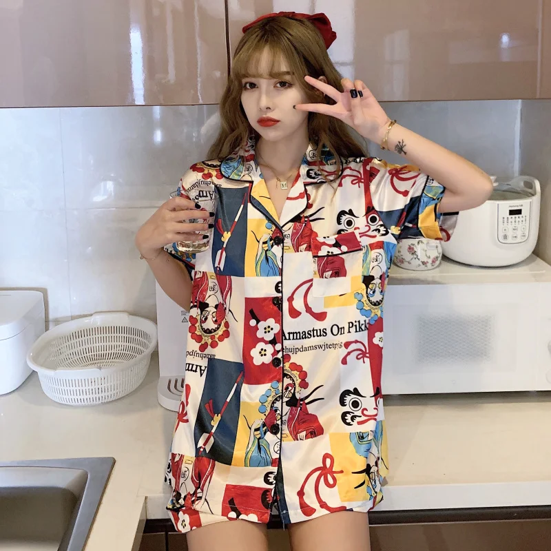 

Шелковый пижамный комплект Pjs для женщин с коротким рукавом, атласная одежда для сна, Женская домашняя одежда, костюм, милая Пижама, элегантн...