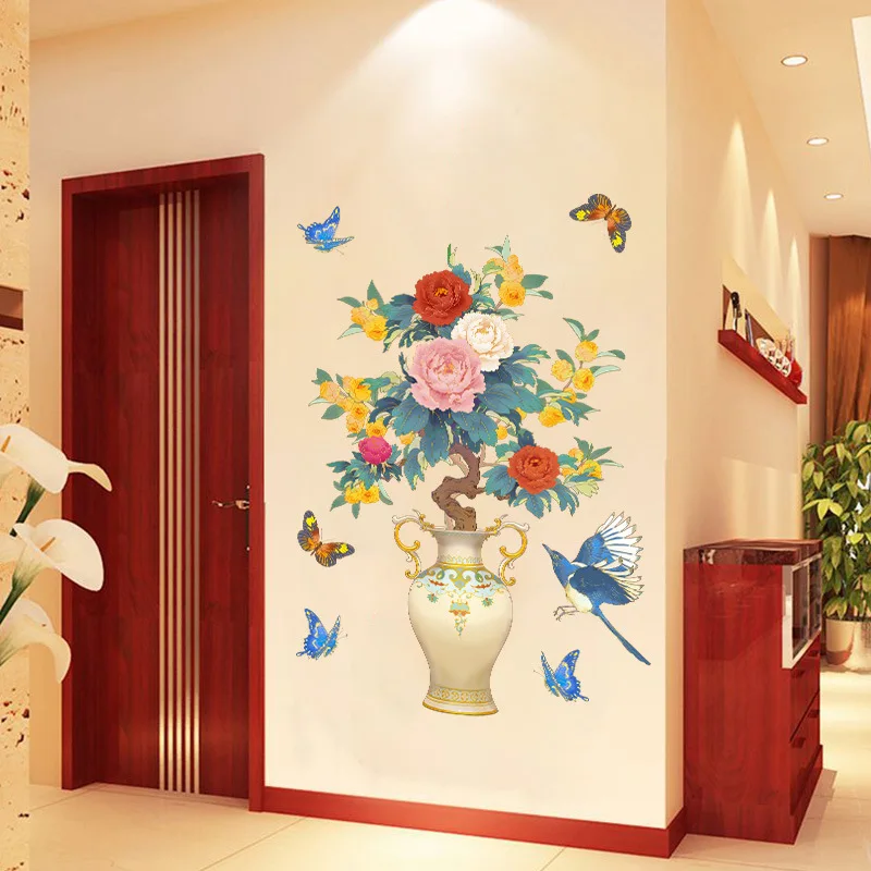 

3D Peony Vase Flowers Wall Stickers Home Office Decor DIY Self-adhesive Large Mural Teen Bedroom Decals for Furniture Wallpaper