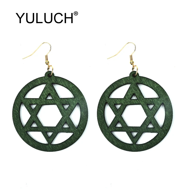 Круглые деревянные полые серьги YULUCH с узором в виде звезд Подвесные для женщин