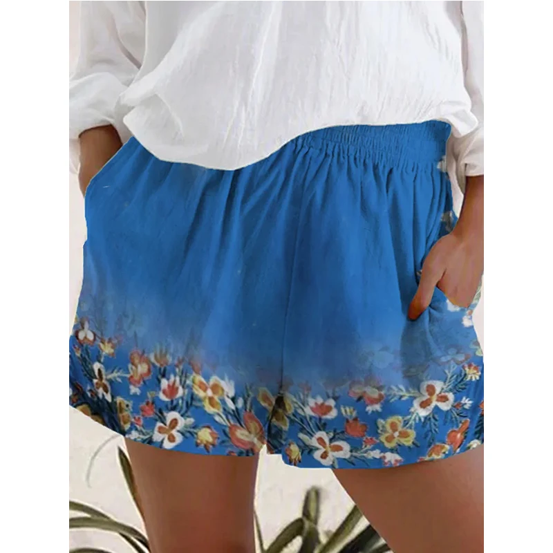 

Womens Summer Vintage Plus Size 2021 Plant Flowers Casual Elastic Waist Woman Bohemia Loose Beach Print Shorts Clothing