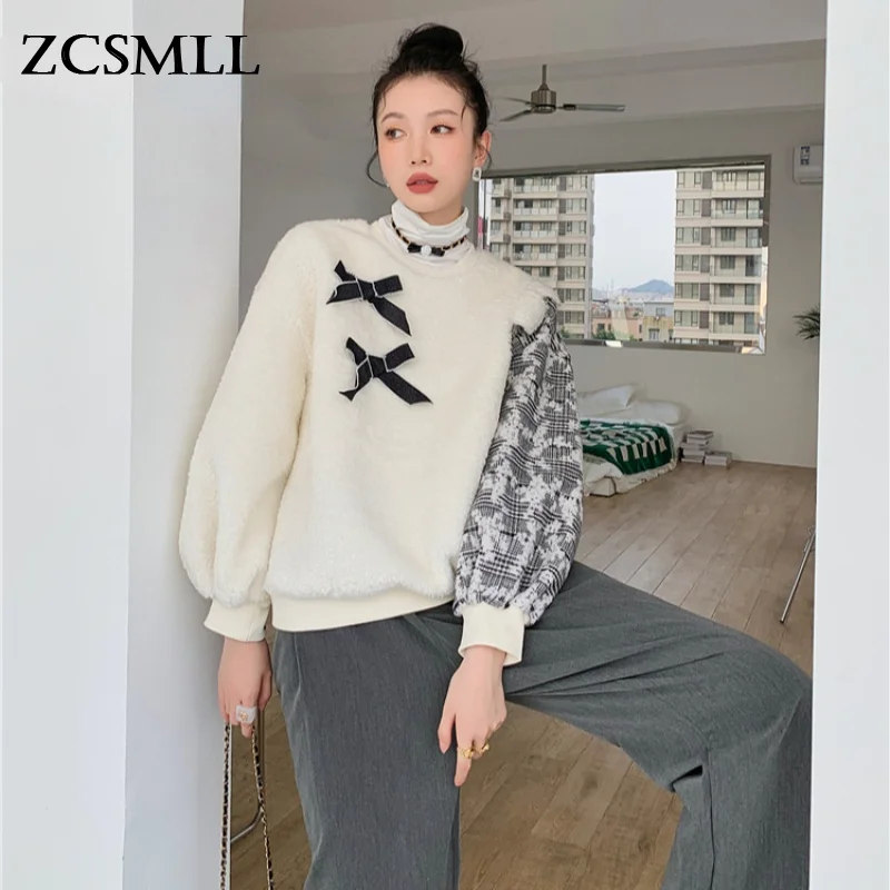 

ZCSMLL Winter 2021 Fleece Hoodie Patchwork Sweatshirts Pullovers Women Sweetshirts Crewneck Bow Korean Fashion Sweatshirt