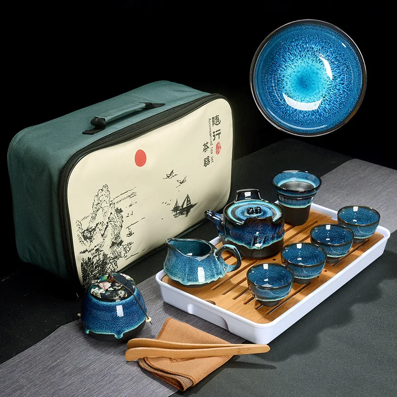 

Chinese Tea Set Blue Amber Glaze Ceramic Jingdezhen Temmoku Glaze Exquisite Set Kung Fu Tea Cup Portable Teapot Gaiwan Tea Cups