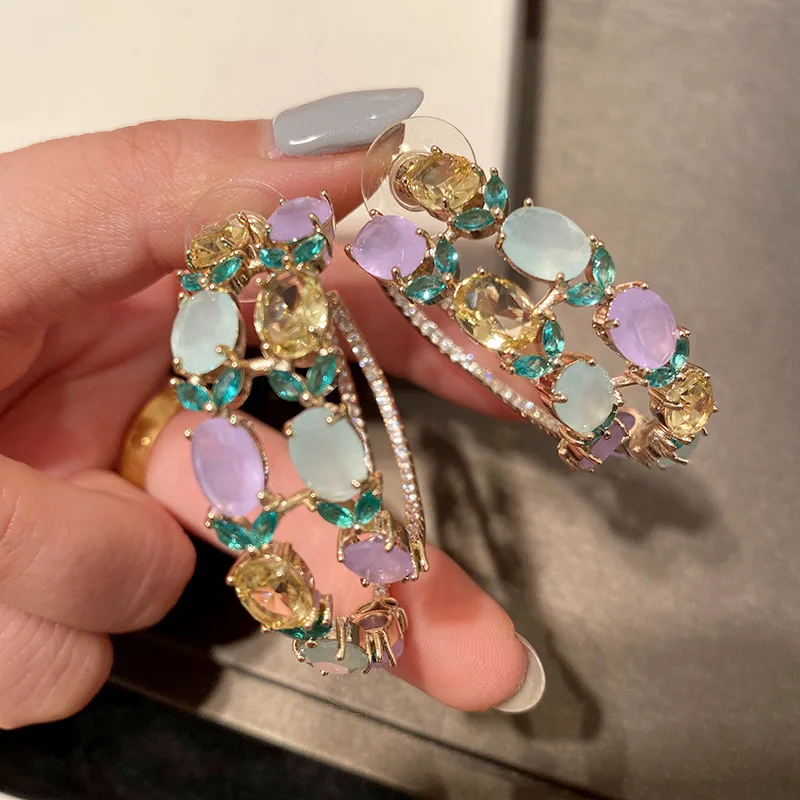 Модные Разноцветные большие круглые серьги гвоздики с фианитами для