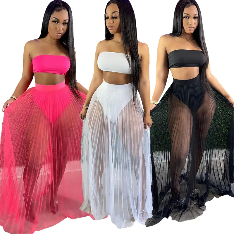 

2HR8162 Summer Women Fashion Sexy Solid Navel Three-piece Breast-wrapped Mesh Skirt Nightclub Swimsuit Style Hot