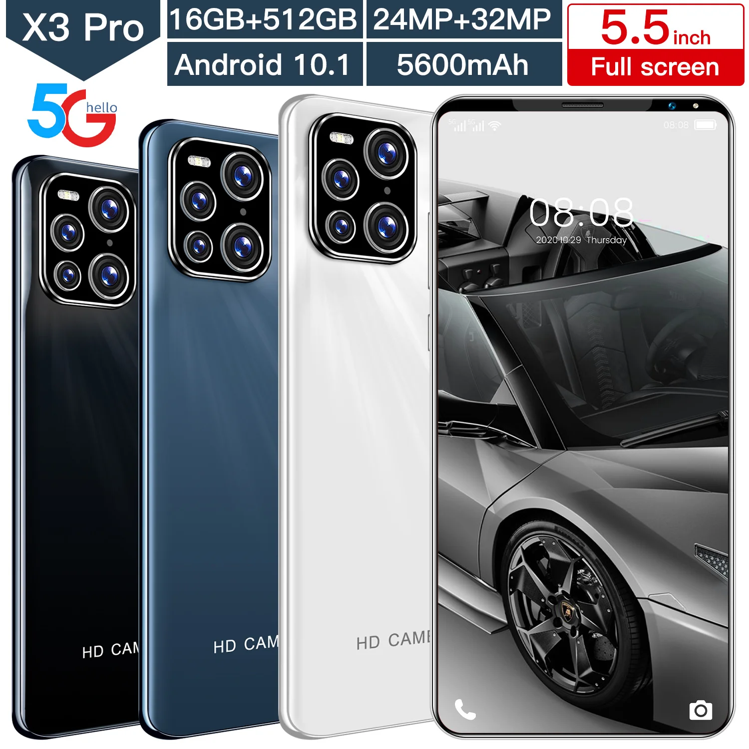 

2021 New X30 PRO+ 5G 5.5 Inch Smartphone 16+512GB 10Core NFC Qualcomm Mobile Phone Sansumg Double SIM Android10.1 Cellphone