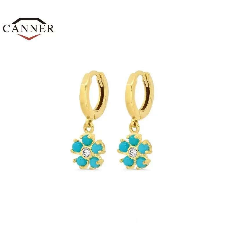 

CANNER Flower Turquoise Pendant 925 Sterling Silver Drop Earrings Women Piercing Huggie Gold Plated Earings Fashion Jewelry