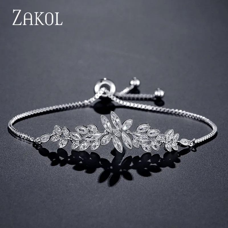 Rhodium plated Бренд ZAKOL Роскошный Цветочный Дизайн Кубический Цирконий Кристалл Циркон регулируемый шнурок браслеты для женщин ювелирные изделия подарки FSBP2096 - Окраска металла: Rhodium plated