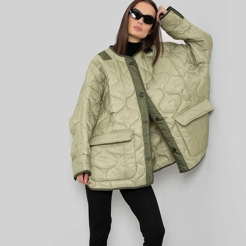 2021 Winter Women's Winter Jackets Patchwork Quilted Coats Big Pocket Oversized Down Parkas Armygreen Cotton Padded Parka