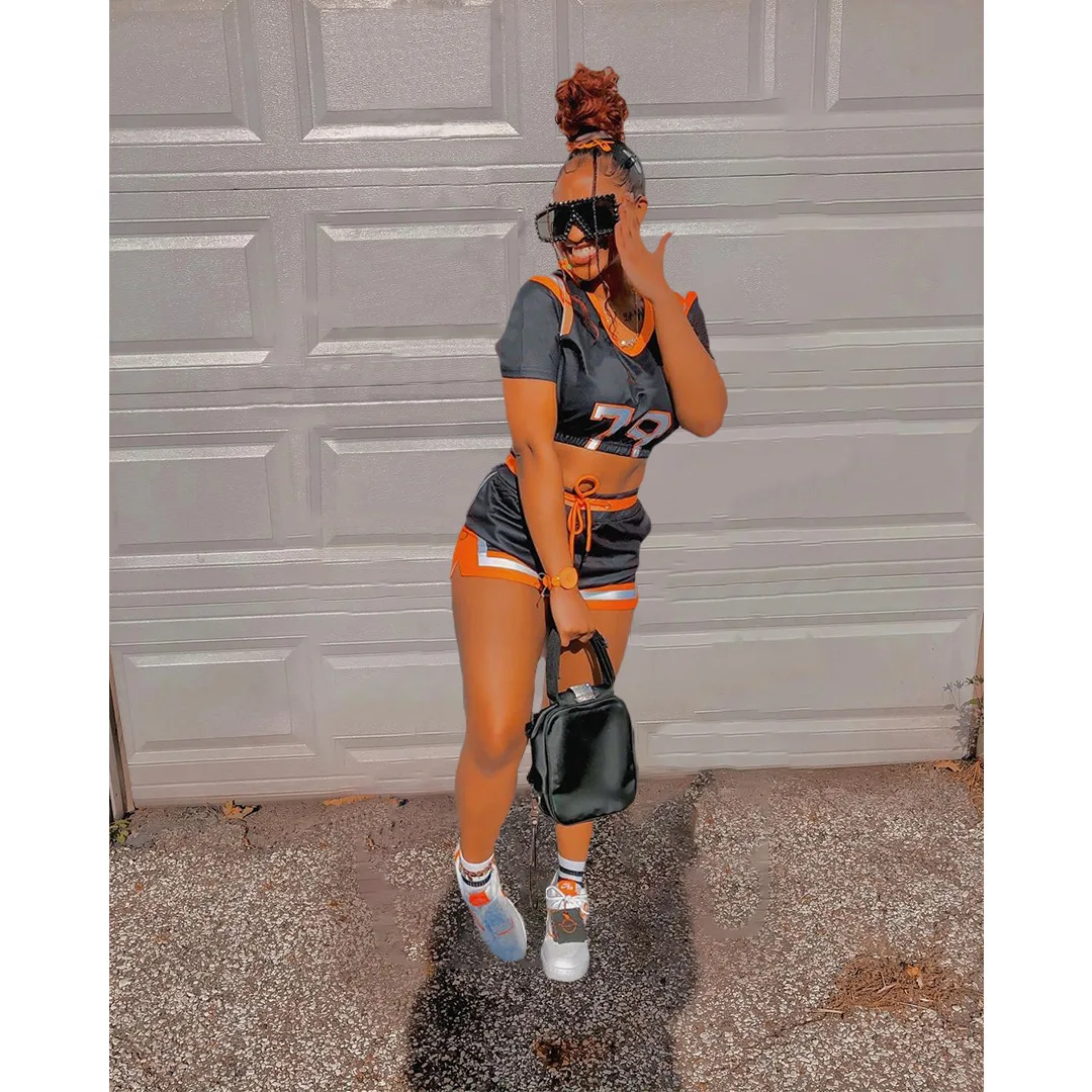 

W5843Women's Clothing Summer New Positioning Printing Short Sleeve Sports Biker Shorts Two-piece Suit Outfits Tracksui Wholesale