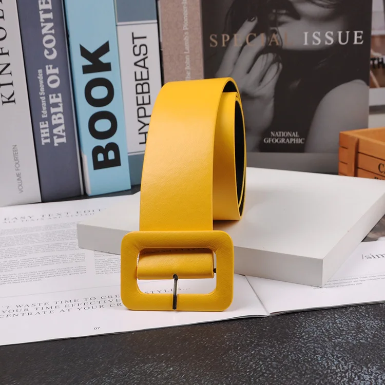 

2019 New Fashion Accessories Casual Female Belt Solid Plastic Head Smooth Buckle Belt Stylish Candy Color PU Leather Belt Yellow