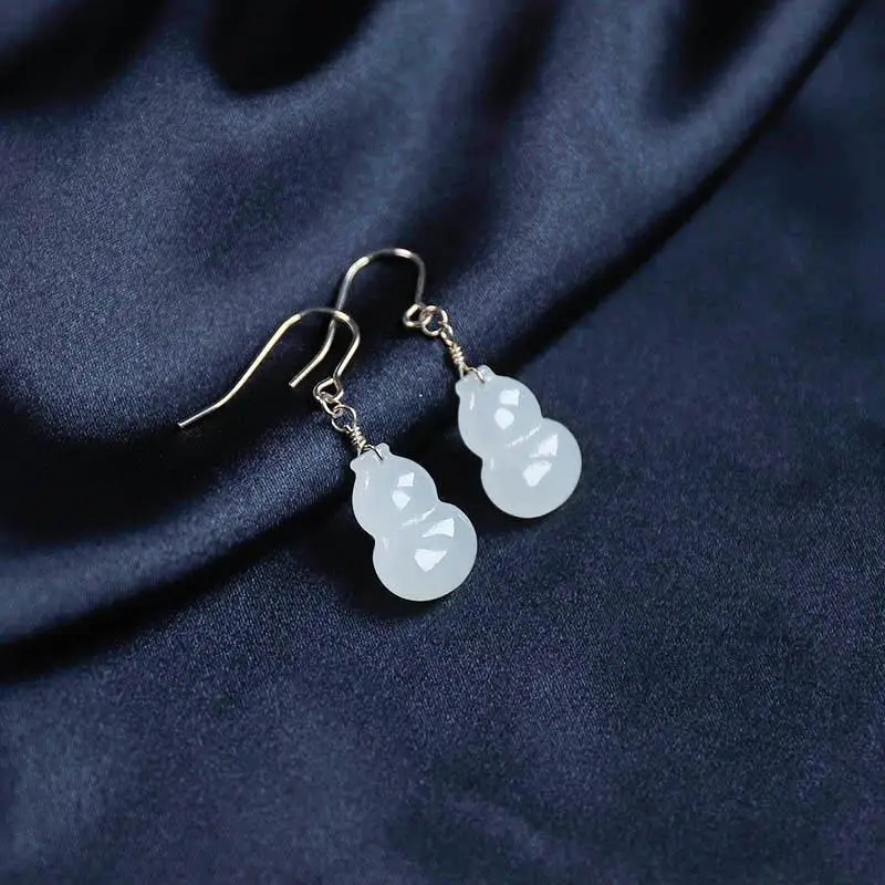 

Original Natural Hetian Jade White Jade Gourd Earrings S925 Silver Gold Trendy Earrings Exorcising and Fortune Drawing Earrings