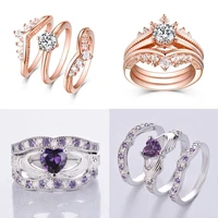 3 piece set romantic elegant heart shaped gold color womens ring set engagement wedding ring glamour jewelry
