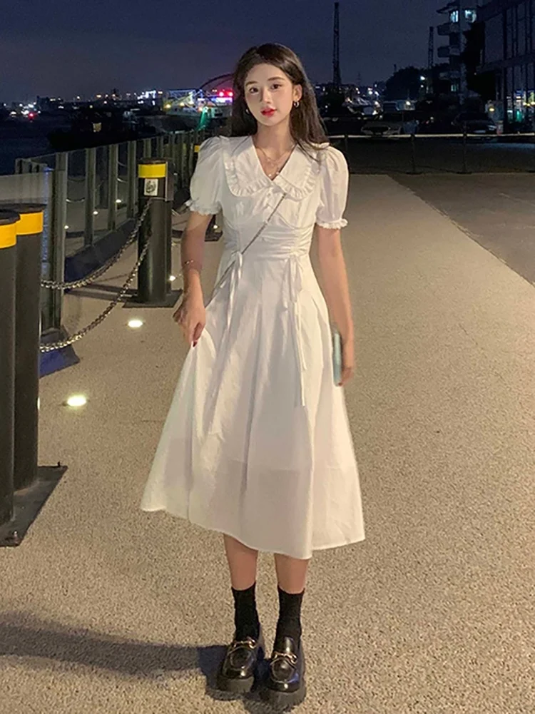 Белое платье новинка 2021 летнее приталенное тонкое средней длины нежная юбка с