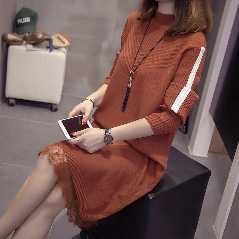 Женское платье свитер с высоким воротником большие размеры Осень зима 2020 модные