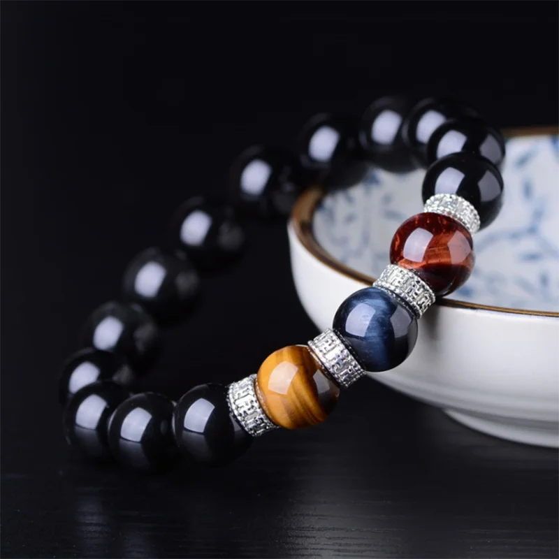 

Black Obsidian Bracelet With Three Tigers Eye Stone Bead Bracelets For Men Fashion Handmade DIY Lucky Beaded Bangles Jewelry
