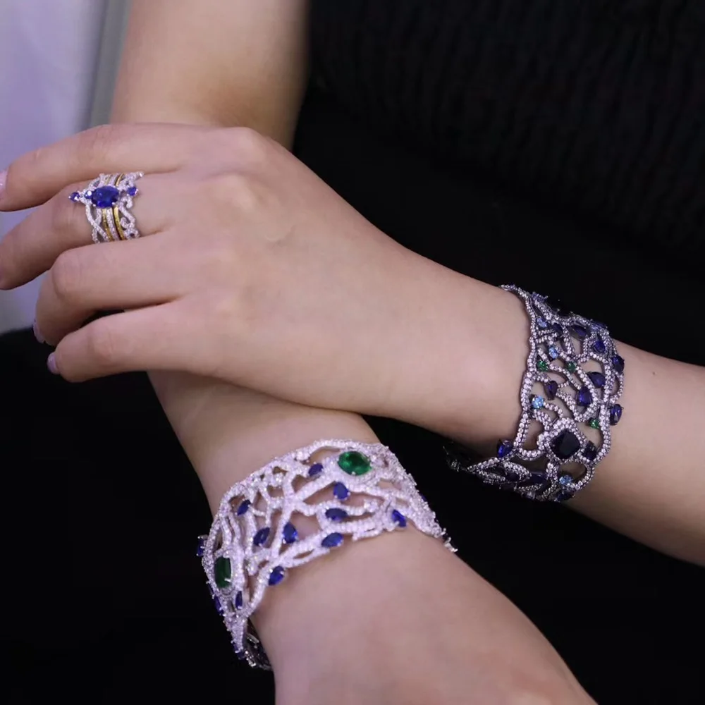 

Luxurious Bangle Created Gemstone Emerald Ruby Sapphire Spinel Bracelet for Woman Lady Wedding Party Jewelry Gift