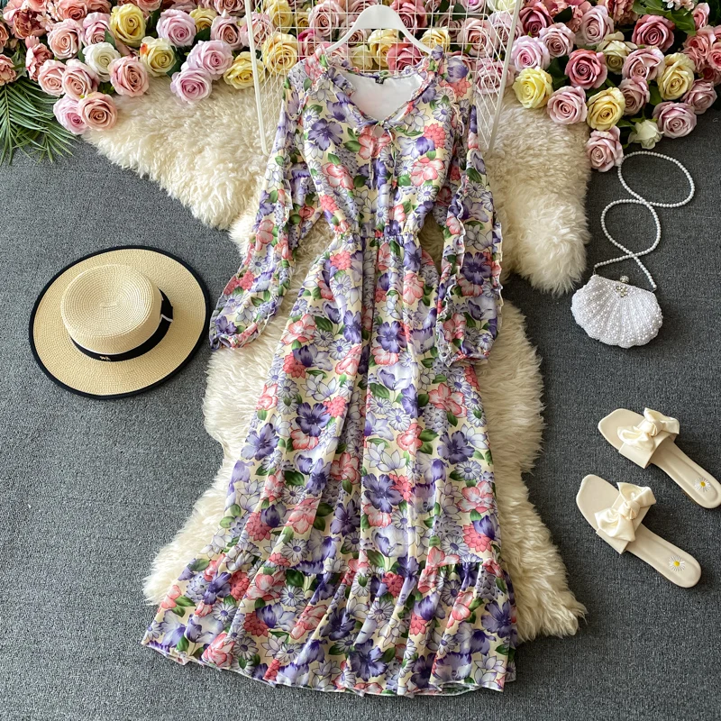 

Сезон весна-осень; Новинка; Платья для женщин в стиле ретро, v-образный вырез, шифоновое платье с цветочным рисунком обхват талии тонкий Плис...