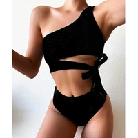 sexy bikini women 2021 high waist swimsuit one shoulder swimwear bandeau bathing suit print beach wear solid biquini set female