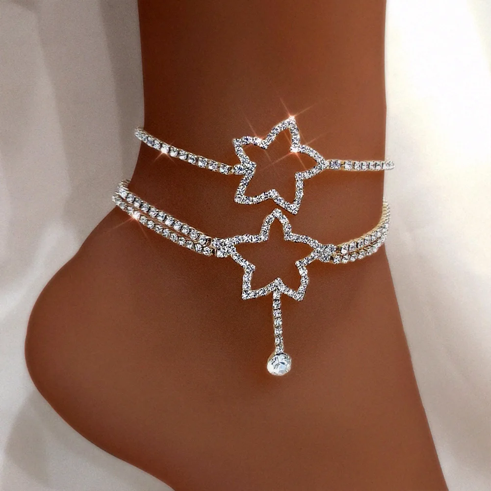 

Flatfoosie 2021 Bling Star Crystal Anklets For Women Double Layer Tennis Rhinestone Ankle Bracelet Barefoot Sandals Foot Jewelry