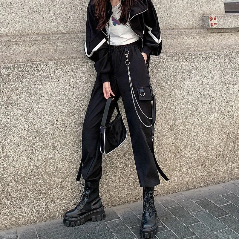

Джоггеры в готическом стиле, черные брюки-султанки в стиле Харадзюку с завышенной талией, брюки-султанки в стиле панк и готика, стиль хип-хоп