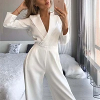 women solid long sleeve jumpsuits notched high waist wide leg rompers loose office ladys junpsuit casual elegant summer 2021