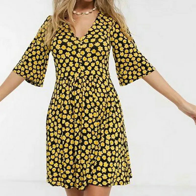 

French Style Women Yellow Flower Tea Dress Summer Short Sleeve Straight One Piece Empire Mini Robe Holiday Beach Cozy Clothes