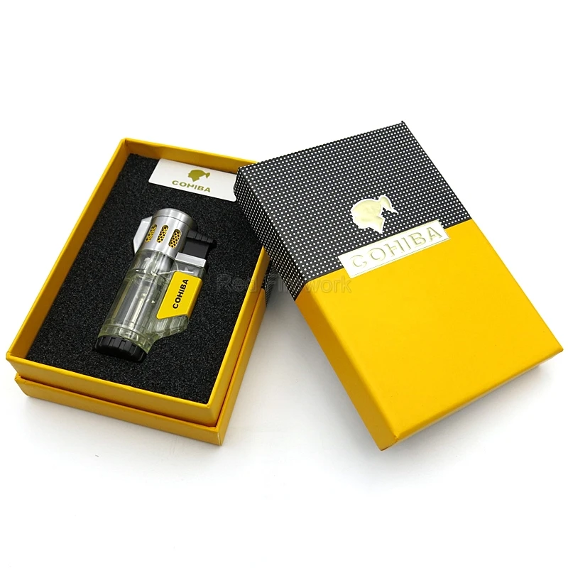 COHIBA гаджеты для мужчин прозрачная Зажигалка Winproof 3 струйная Зажигалка факела сигарета курительные зажигалки для сигар креативные